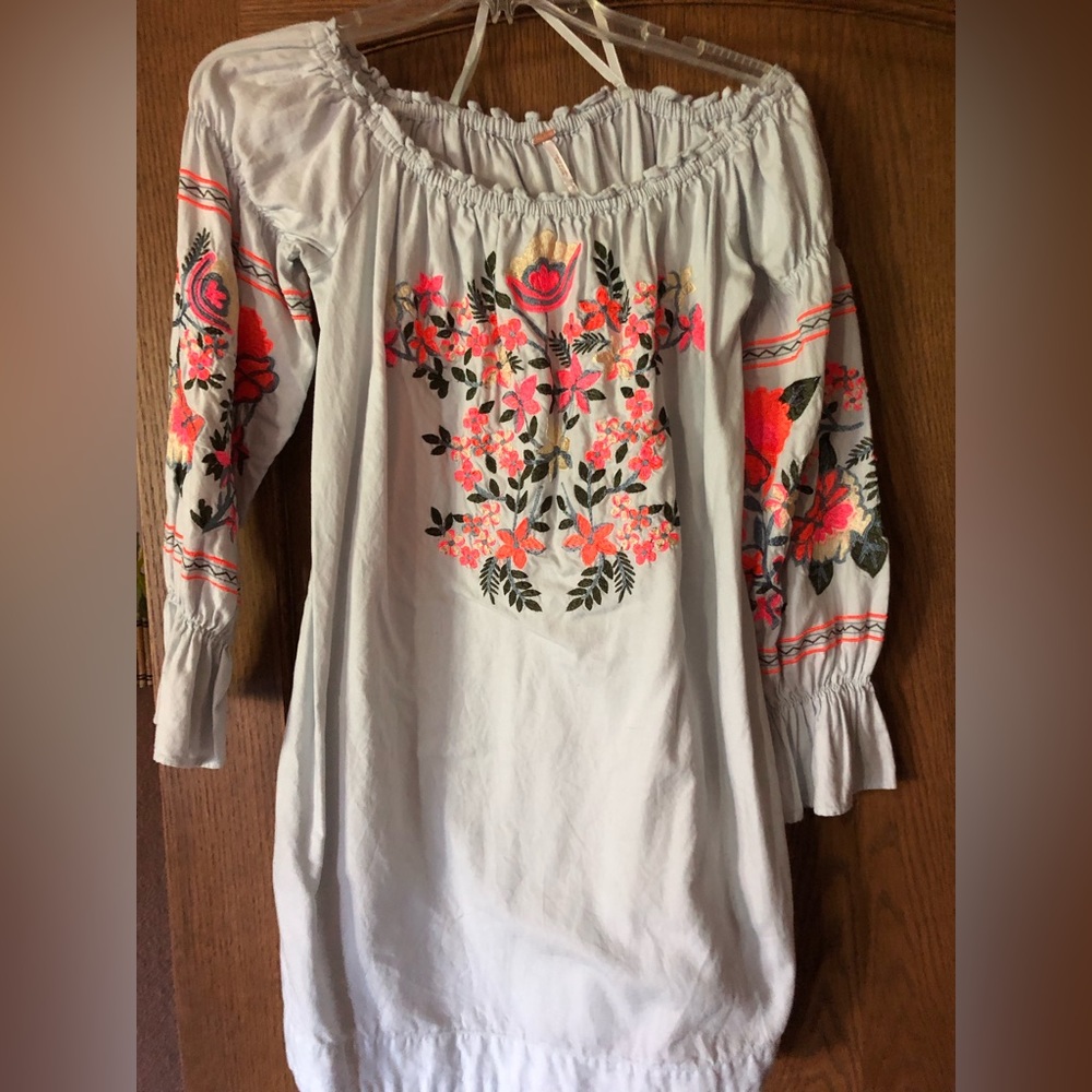 Free People Fleur Du Jour Blue Dress, Floral Embroidery Off Shoulder, XS